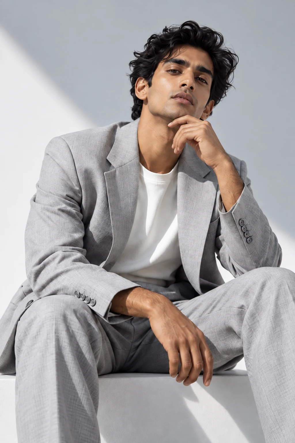 Illustrative AI-created fashion portrait in gray tailoring